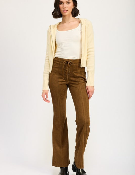 BROWN LACE UP SUEDE FLARED PANTS | Daverri Fashions