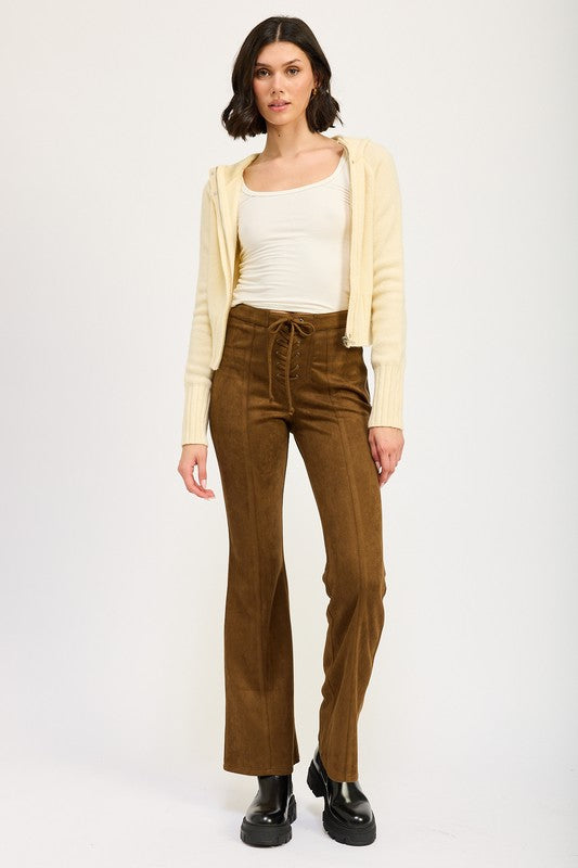 BROWN LACE UP SUEDE FLARED PANTS | Daverri Fashions