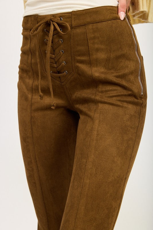 LACE UP SUEDE FLARED PANTS | Daverri Fashions