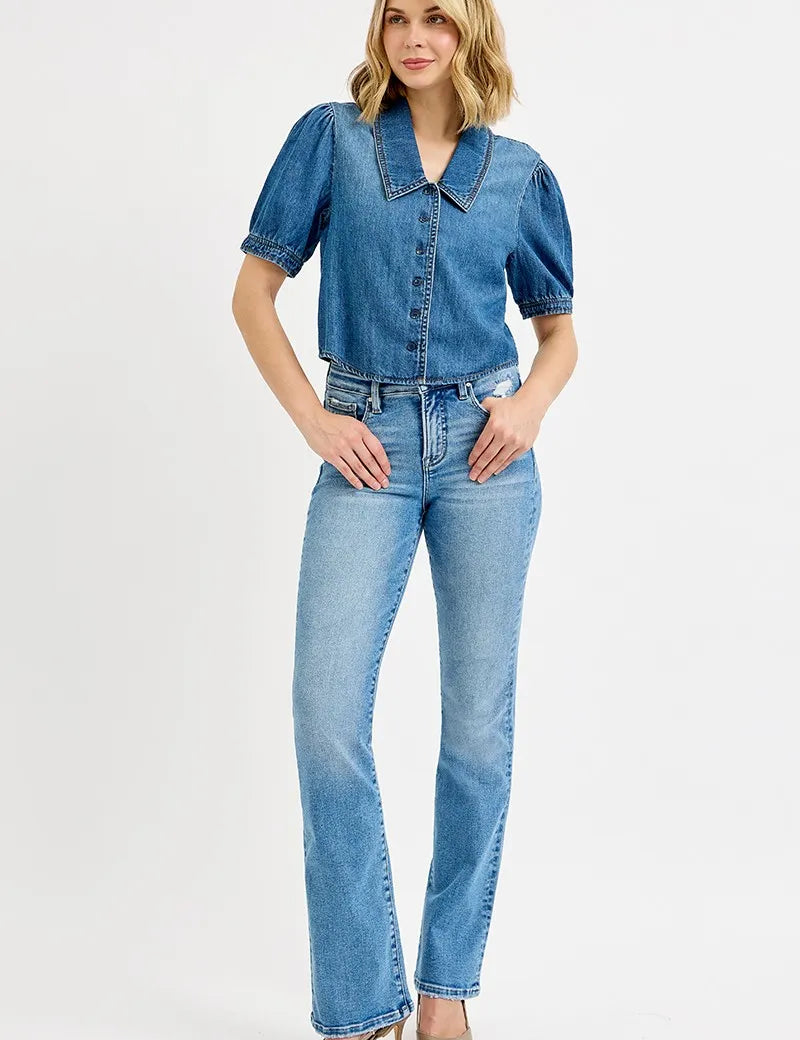 MEDIUM RISEN Button Down Puff Sleeve Crop Denim Shirt | Tops Daverri Fashions