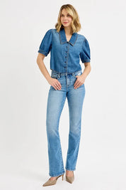 MEDIUM RISEN Button Down Puff Sleeve Crop Denim Shirt | Tops Daverri Fashions