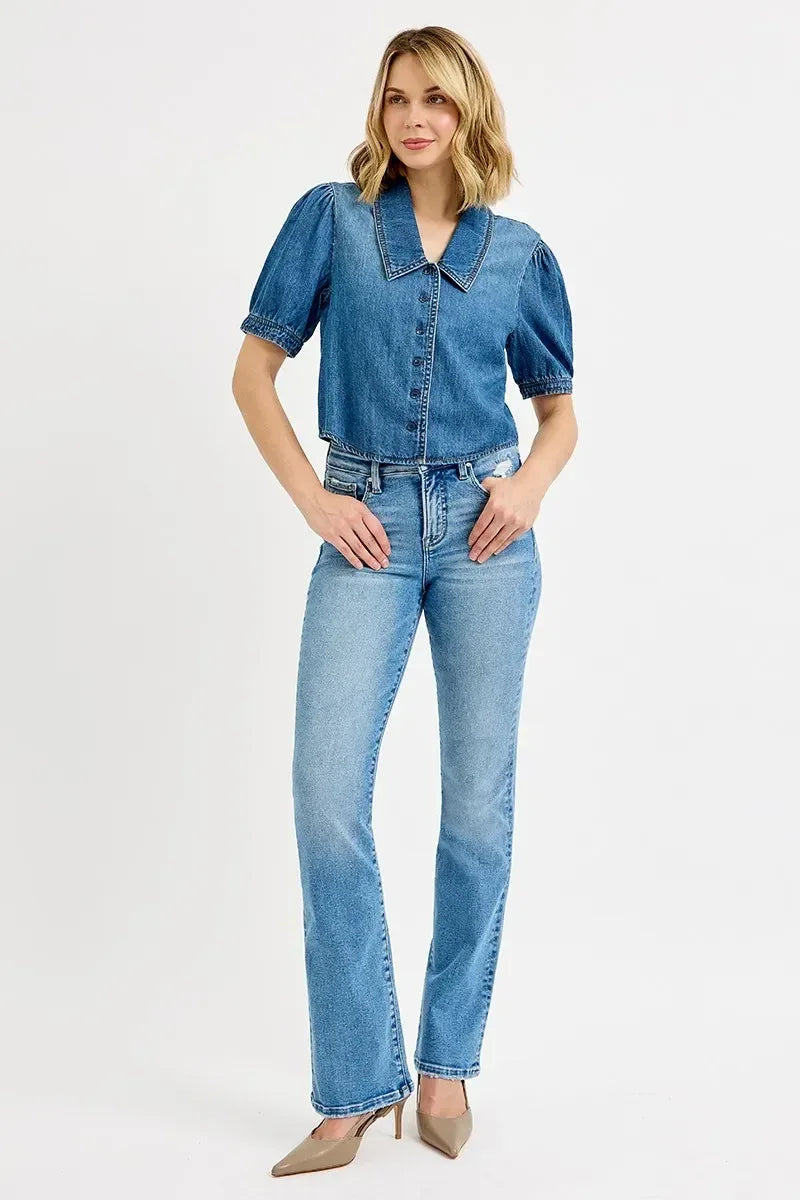 RISEN Button Down Puff Sleeve Crop Denim Shirt - DAVERRI FASHIONS