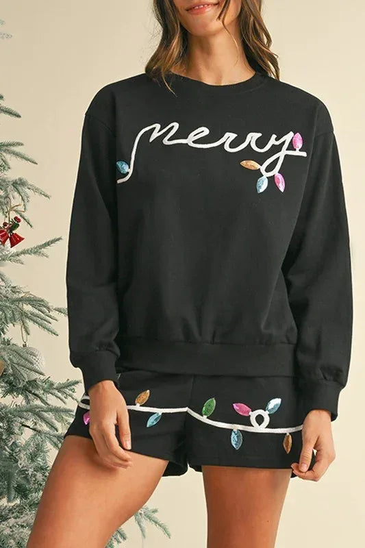 Sequin Merry Graphic Pullover and Shorts Set - DAVERRI FASHIONS