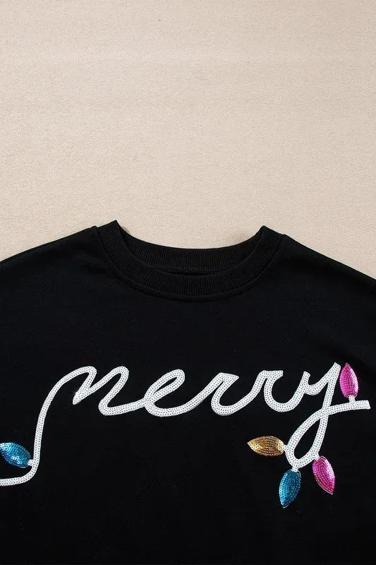 Sequin Merry Graphic Pullover and Shorts Set - DAVERRI FASHIONS