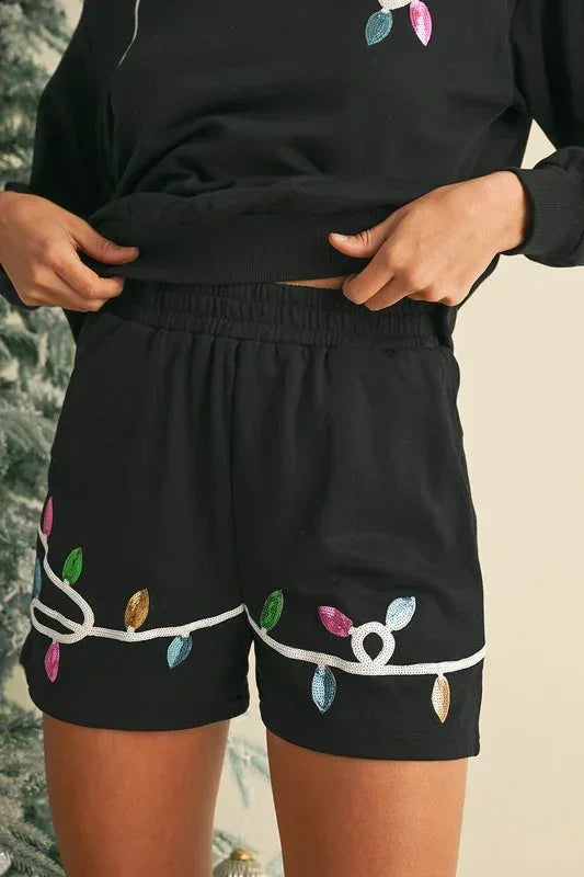 Sequin Merry Graphic Pullover and Shorts Set - DAVERRI FASHIONS