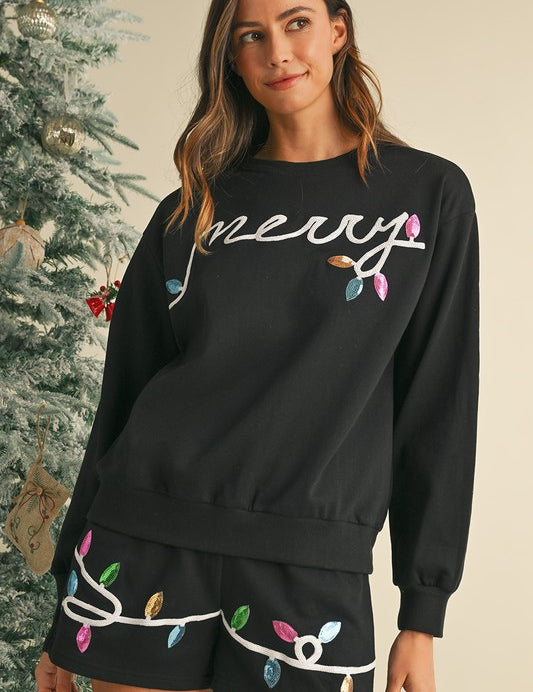 Sequin Merry Graphic Pullover and Shorts Set | Loungewear Sets Daverri Fashions