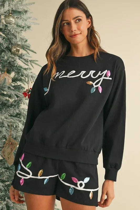 Sequin Merry Graphic Pullover and Shorts Set - DAVERRI FASHIONS