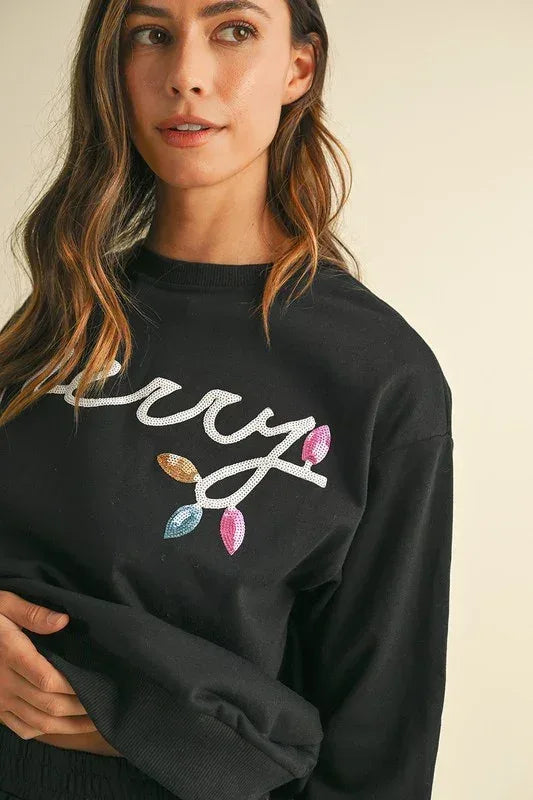 Sequin Merry Graphic Pullover and Shorts Set - DAVERRI FASHIONS