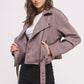 BELTED LONG SLEEVE ZIPPERED SUEDE MOTO JACKET GREY