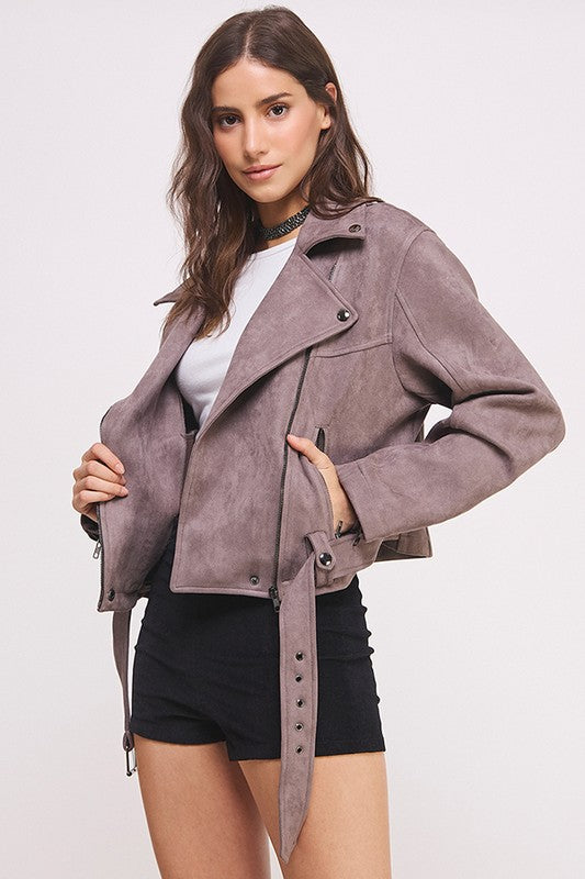 BELTED LONG SLEEVE ZIPPERED SUEDE MOTO JACKET GREY