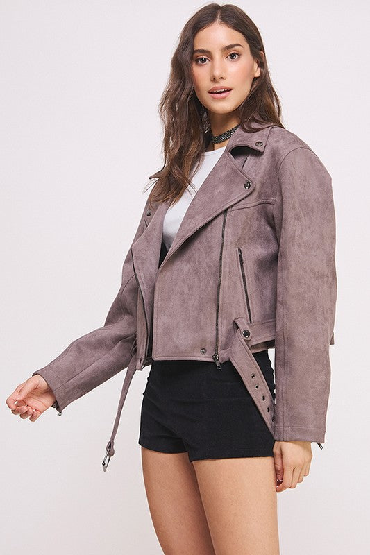 Belted Long Sleeve Zippered Suede Moto Jacket Tops