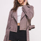 BELTED LONG SLEEVE ZIPPERED SUEDE MOTO JACKET