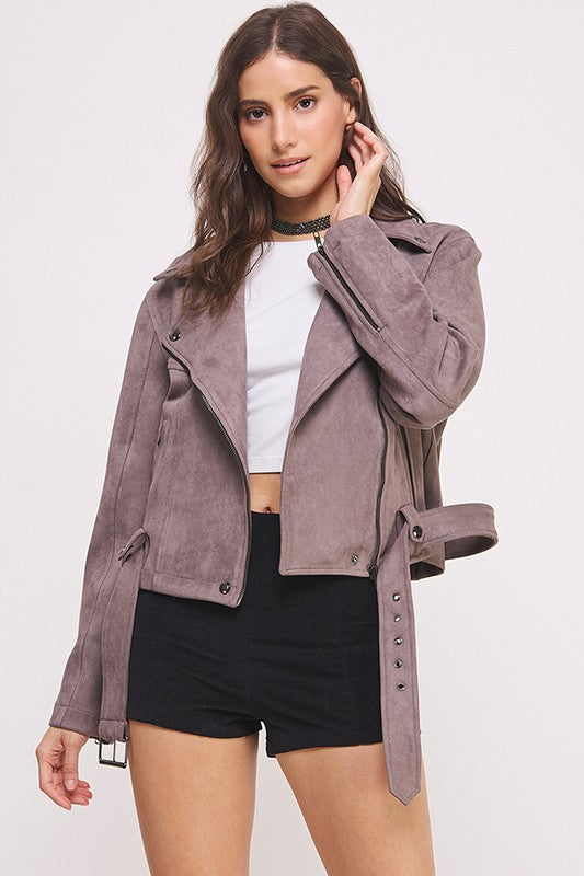 Belted Long Sleeve Zippered Suede Moto Jacket Tops