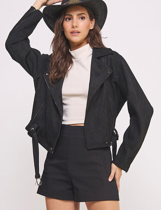 Belted Long Sleeve Zippered Suede Moto Jacket | Jackets Daverri Fashions