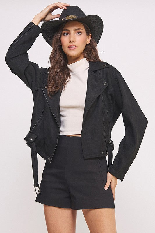 Belted Long Sleeve Zippered Suede Moto Jacket Tops