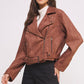BELTED LONG SLEEVE ZIPPERED SUEDE MOTO JACKET
