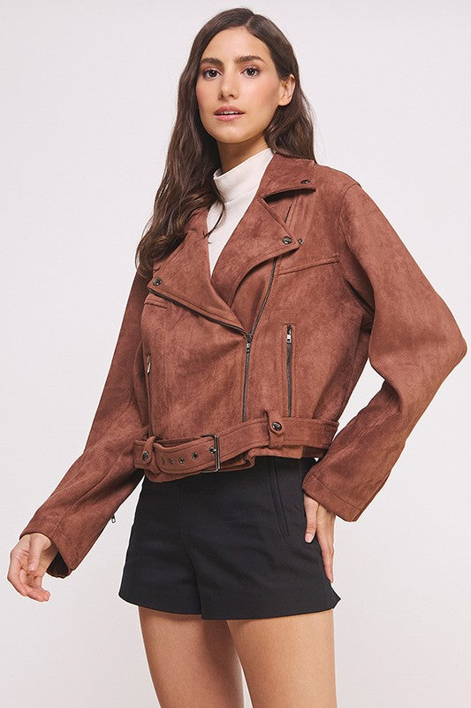 Belted Long Sleeve Zippered Suede Moto Jacket Tops