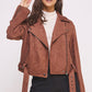 BELTED LONG SLEEVE ZIPPERED SUEDE MOTO JACKET