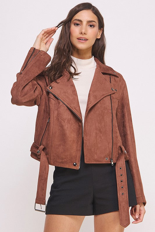 Belted Long Sleeve Zippered Suede Moto Jacket Tops