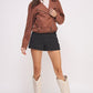 BELTED LONG SLEEVE ZIPPERED SUEDE MOTO JACKET