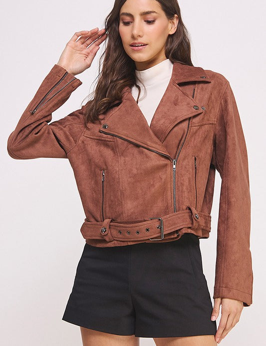 CHOCOLATE Belted Long Sleeve Zippered Suede Moto Jacket | Jackets Daverri Fashions
