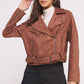 BELTED LONG SLEEVE ZIPPERED SUEDE MOTO JACKET CHOCOLATE