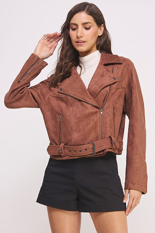 BELTED LONG SLEEVE ZIPPERED SUEDE MOTO JACKET CHOCOLATE