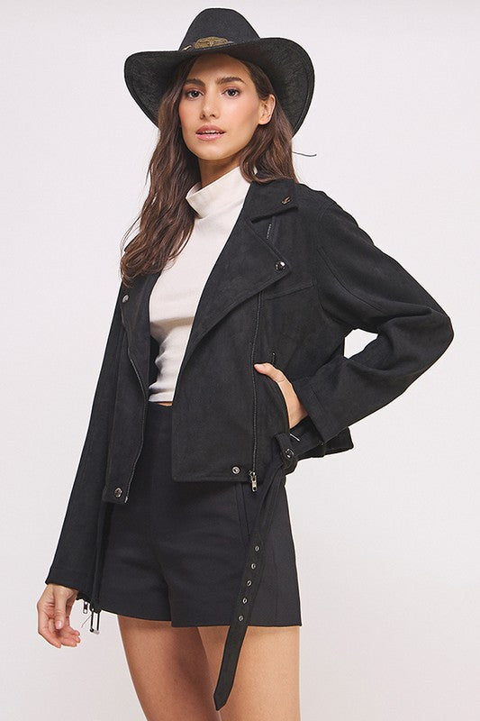 BELTED LONG SLEEVE ZIPPERED SUEDE MOTO JACKET BLACK