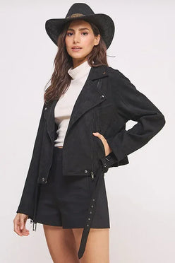 Belted Long Sleeve Zippered Suede Moto Jacket - DAVERRI FASHIONS
