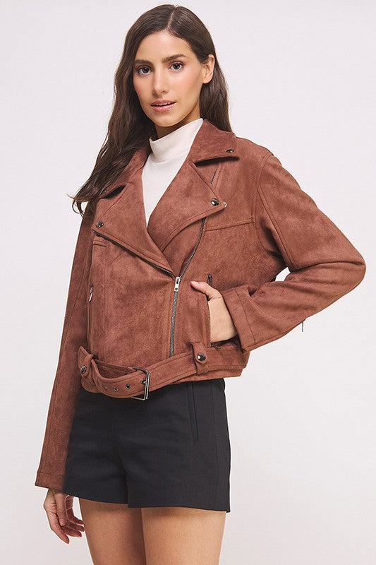 Belted Long Sleeve Zippered Suede Moto Jacket Tops