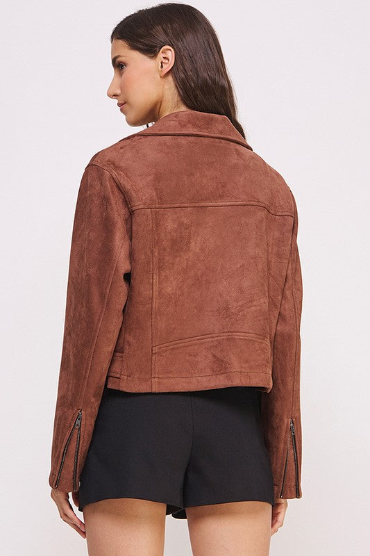 Belted Long Sleeve Zippered Suede Moto Jacket Tops