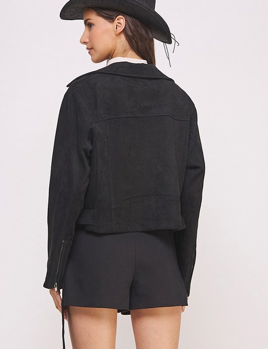 Plus Belted Long Sleeve Zippered Suede Moto Jacket | Jackets Daverri Fashions