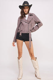 Plus Belted Long Sleeve Zippered Suede Moto Jacket | Jackets Daverri Fashions