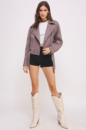 Plus Belted Long Sleeve Zippered Suede Moto Jacket | Jackets Daverri Fashions