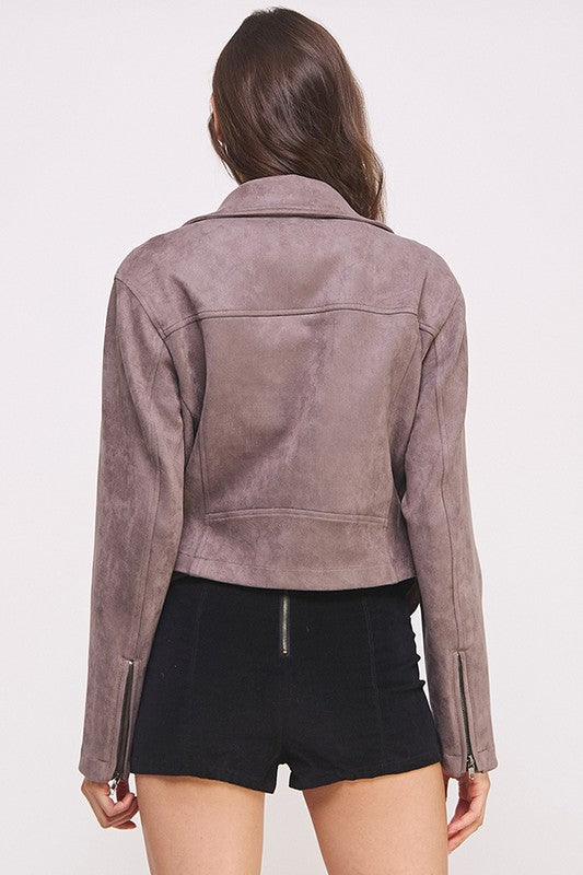 Plus Belted Long Sleee Zippered Suede Moto Jacket Tops