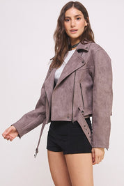 Plus Belted Long Sleeve Zippered Suede Moto Jacket | Jackets Daverri Fashions