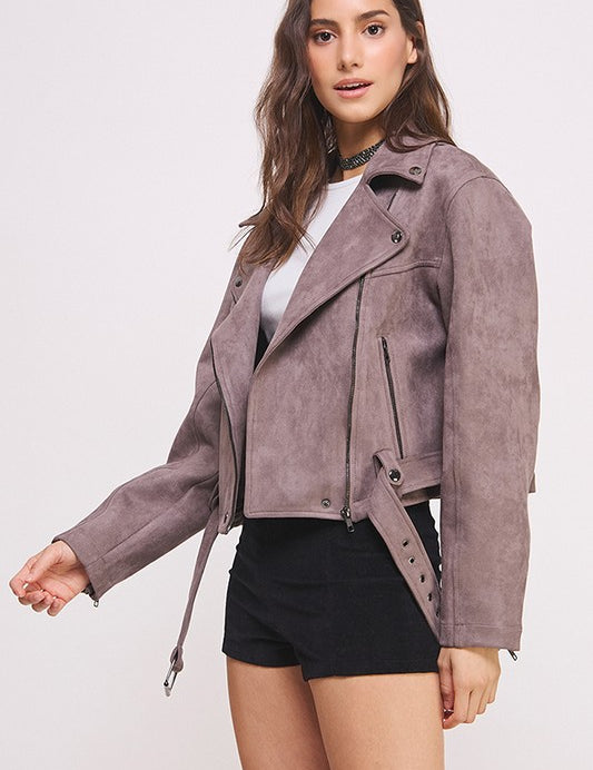Plus Belted Long Sleeve Zippered Suede Moto Jacket | Jackets Daverri Fashions