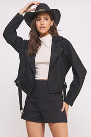 Plus Belted Long Sleeve Zippered Suede Moto Jacket | Jackets Daverri Fashions