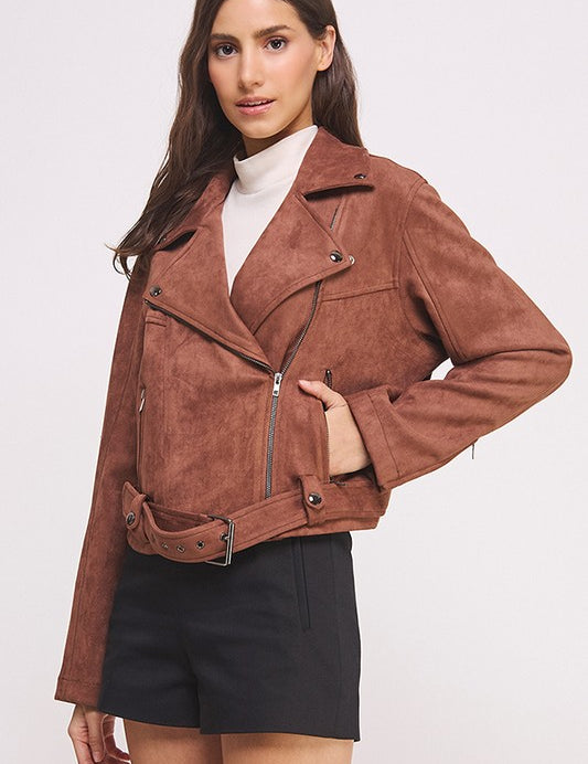 CHOCOLATE Plus Belted Long Sleeve Zippered Suede Moto Jacket | Jackets Daverri Fashions