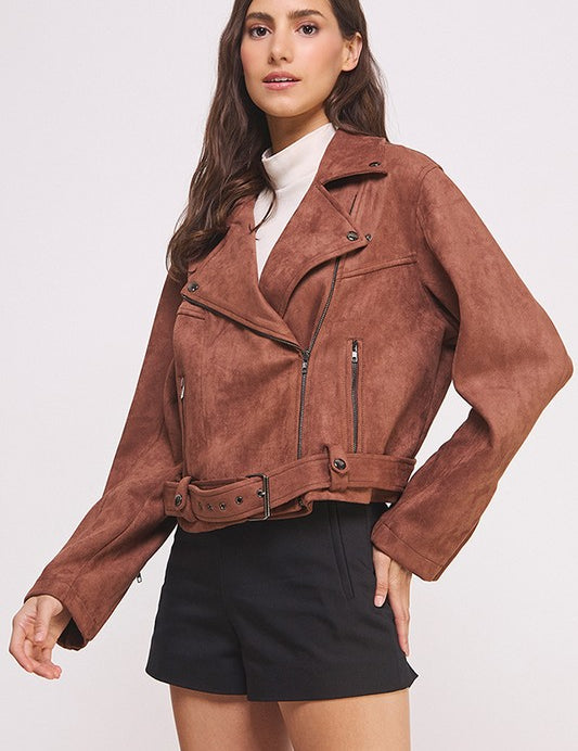 Plus Belted Long Sleeve Zippered Suede Moto Jacket | Jackets Daverri Fashions