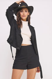 Plus Belted Long Sleeve Zippered Suede Moto Jacket | Jackets Daverri Fashions