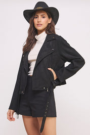 BLACK Plus Belted Long Sleeve Zippered Suede Moto Jacket | Jackets Daverri Fashions
