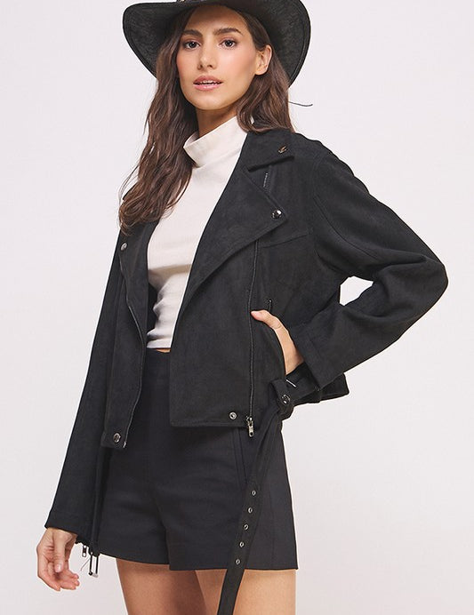BLACK Plus Belted Long Sleeve Zippered Suede Moto Jacket | Jackets Daverri Fashions