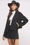 Plus Belted Long Sleeve Zippered Suede Moto Jacket - DAVERRI FASHIONS