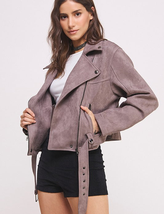 GREY Plus Belted Long Sleeve Zippered Suede Moto Jacket | Jackets Daverri Fashions