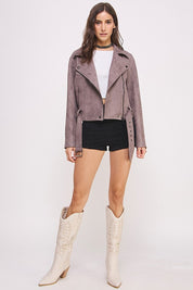 Plus Belted Long Sleeve Zippered Suede Moto Jacket | Jackets Daverri Fashions