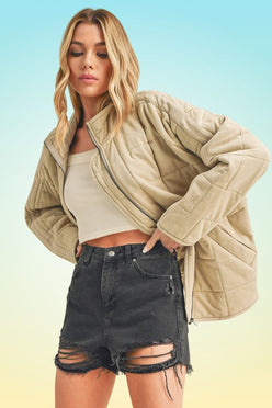 Dixie Jacket: beige quilted bomber with front zipper and puffy sleeves