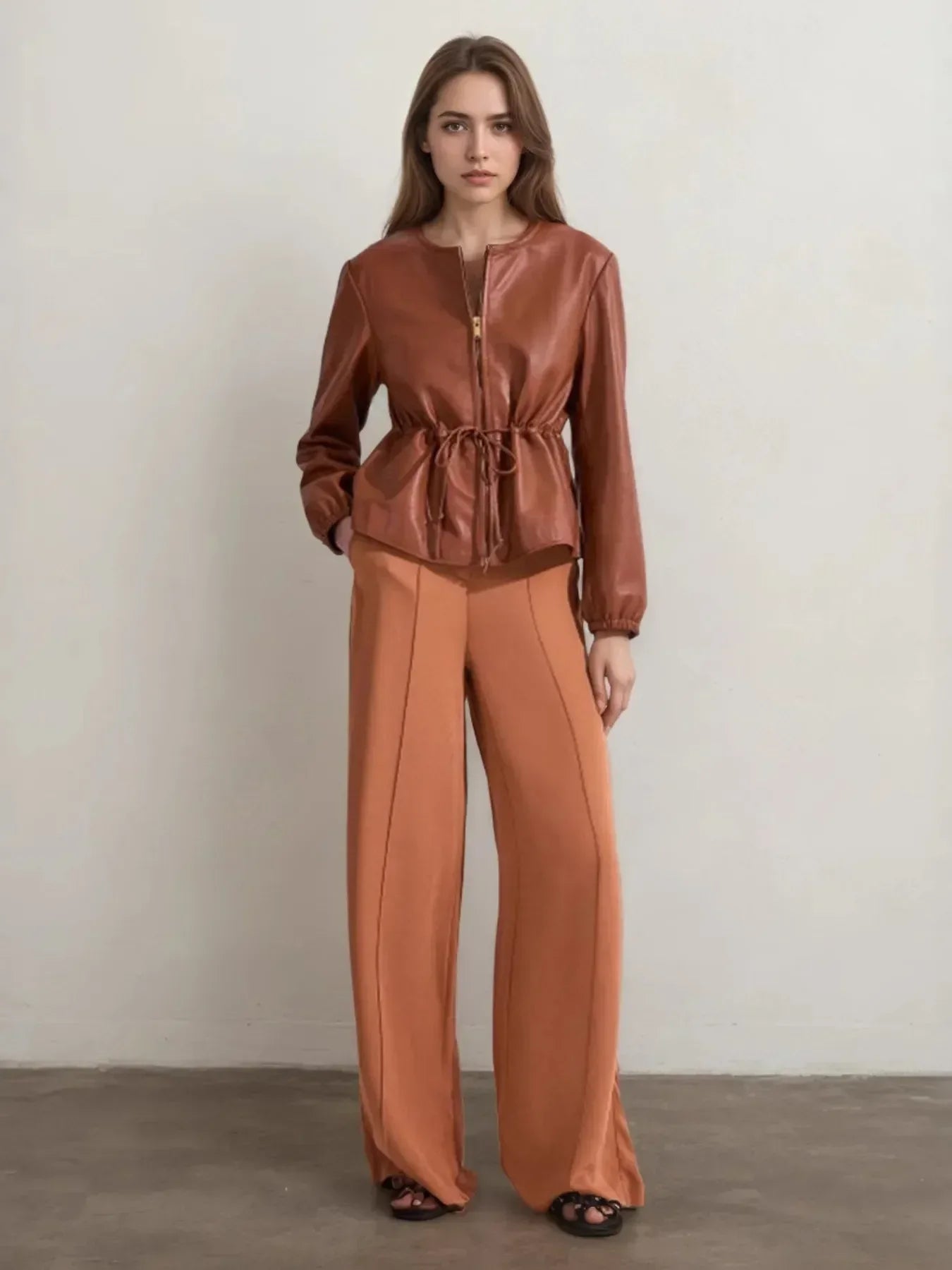 Drawstring Zip Up Leather Jacket - DAVERRI FASHIONS