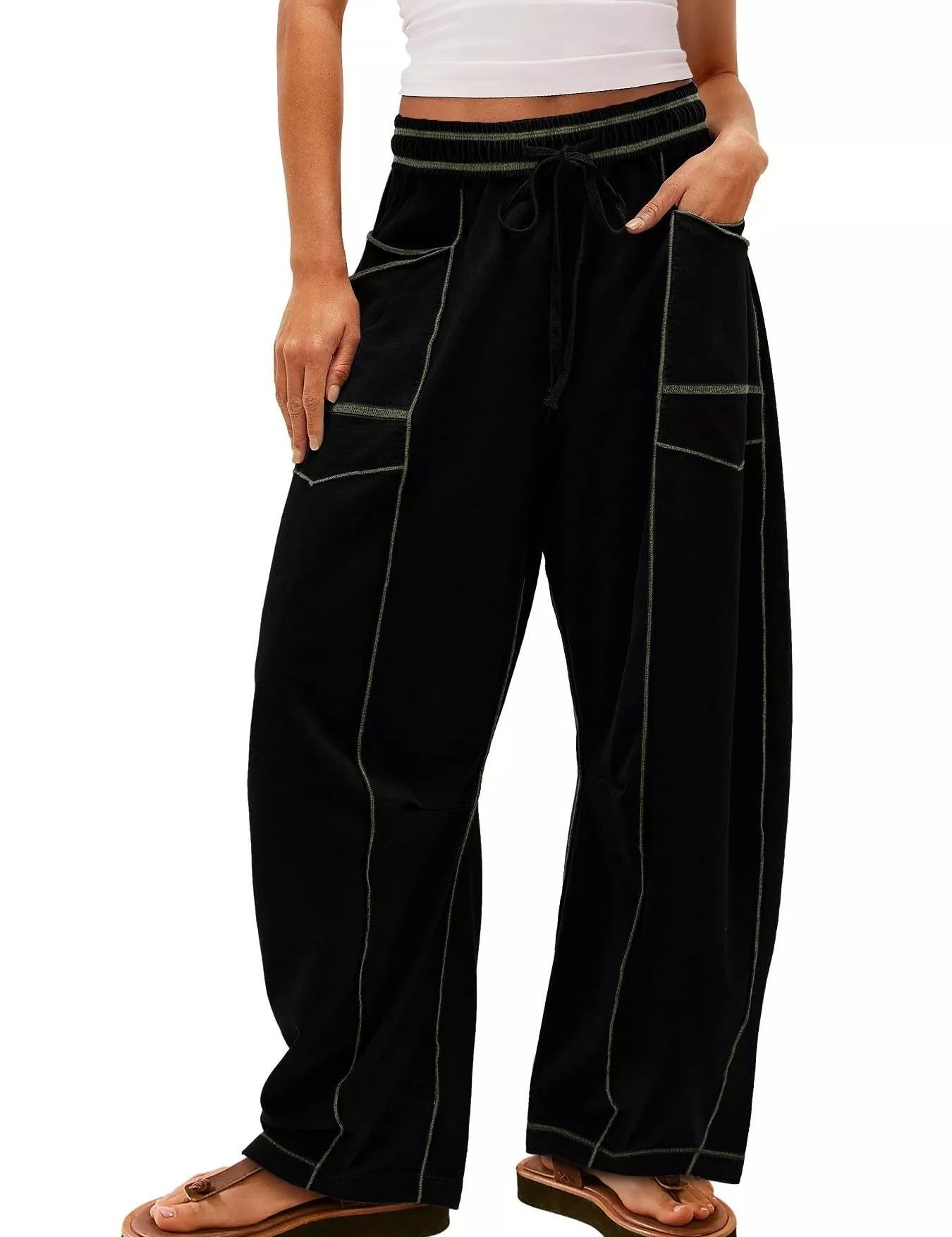 Black Drawstring Wide Leg Elastic Waist Pants | Pants Daverri Fashions