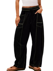 Black Drawstring Wide Leg Elastic Waist Pants | Pants Daverri Fashions